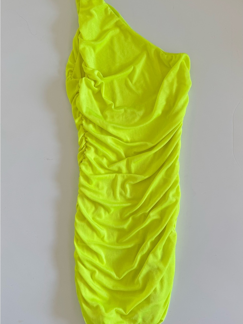 Amazon One-Shoulder Neon Lime Ruched Mini Dress - Picture 2 of 4